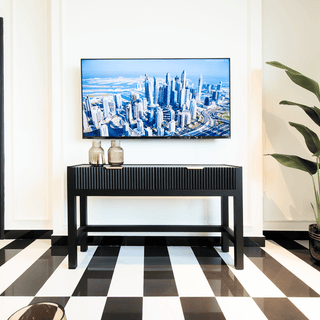Black Tie Console Table with Brass Handles - Elegant Bedroom Accent